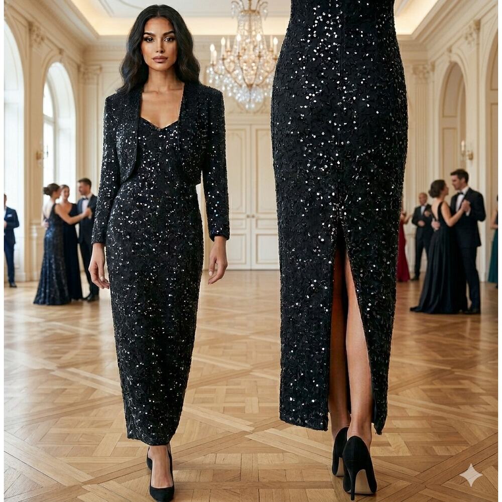 Vtg Formal Silk Black Sequin Beaded Gown wtih Bolero Jacket M Glam Gala Prom Wed